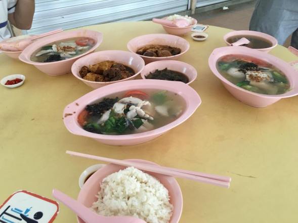 S$4 bowl fish soup + S$8 for tau gua tau pok kong bak