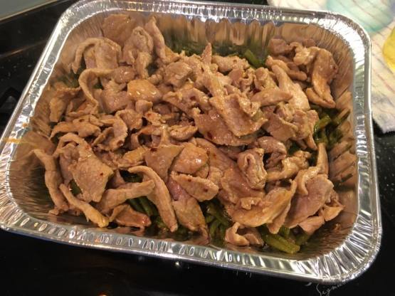 wok fried lean pork+long beans in nonya sauce