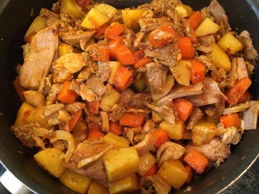 lean pork with onions, carrot, potatoes