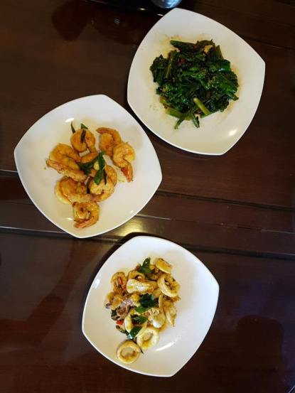 salted egg sotong, salted egg prawns, fried kai lan