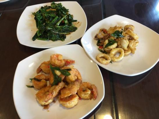 salted egg sotong, salted egg prawns, fried kai lan