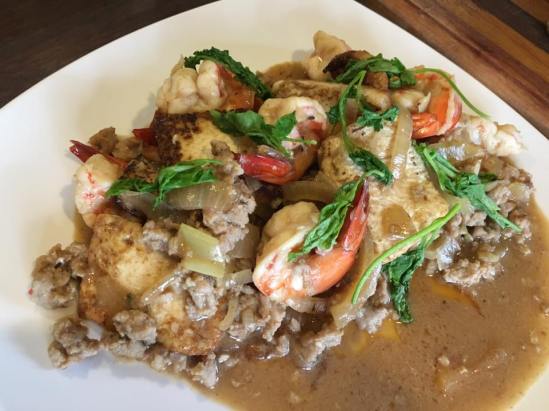 prawn with minced pork fried tofu