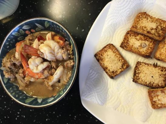 prawn with minced pork fried tofu