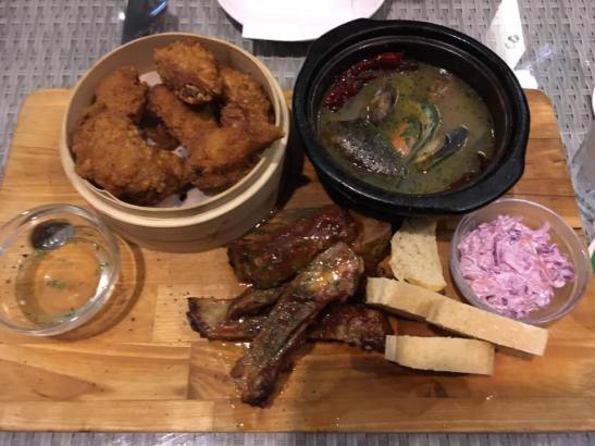 3tapas=chicken drumlets,pork ribs,mussel pot