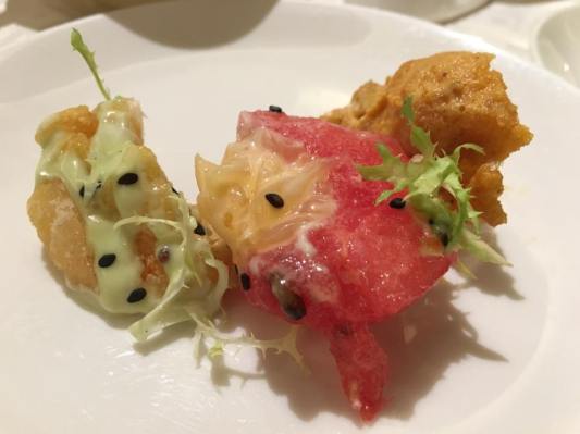 prawn in 2ways=wasabi mayo & salted egg