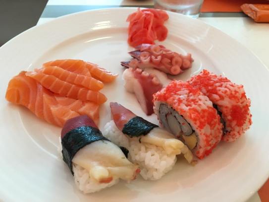 salmon & tako sashimi, atlantic surf clam sushi & reverse maki