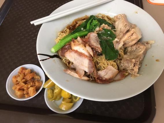 S$3 wanton noodles + S$1 pork ribs & larpok crispy lard