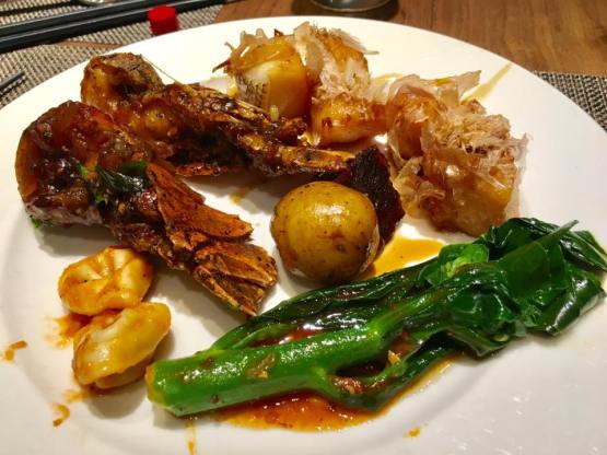 black pepper crayfish, roasted cod with bonito, kailan