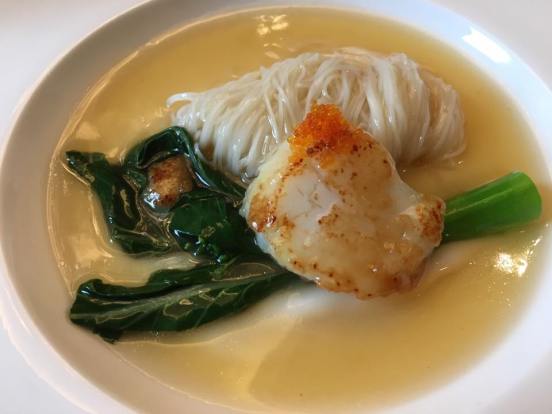 grilled scallops on noodles on chawanmushi egg white