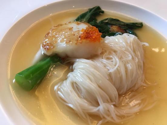 grilled scallops on noodles on chawanmushi egg white