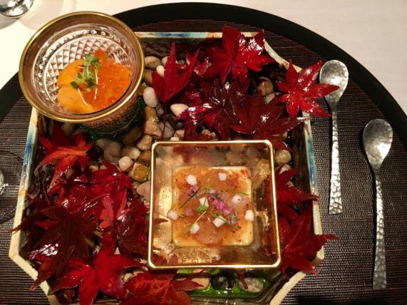 uni ikura on king crab + botan ebi with corn veloute