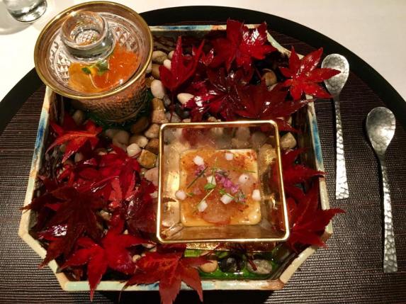 uni ikura on king crab + botan ebi with corn veloute