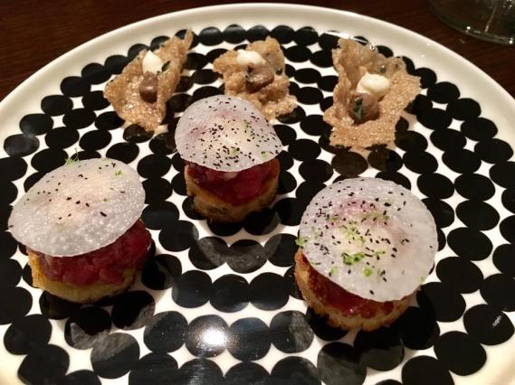 toast of beef tartare + mushroom crackers