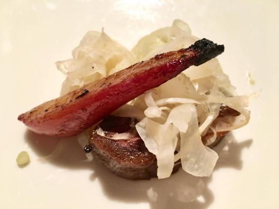 spiced pork with rose apple shavings