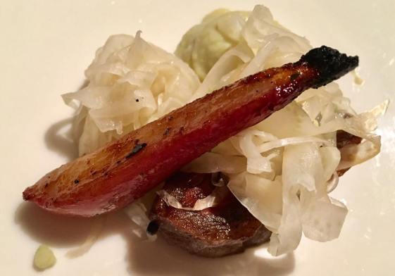spiced pork with rose apple shavings
