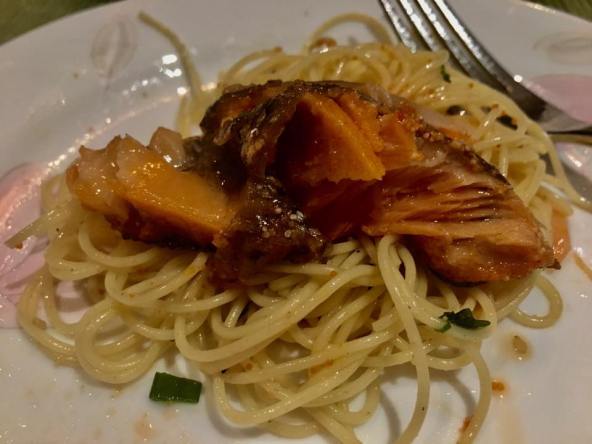 truffle oil mentaiko capellini with salmon
