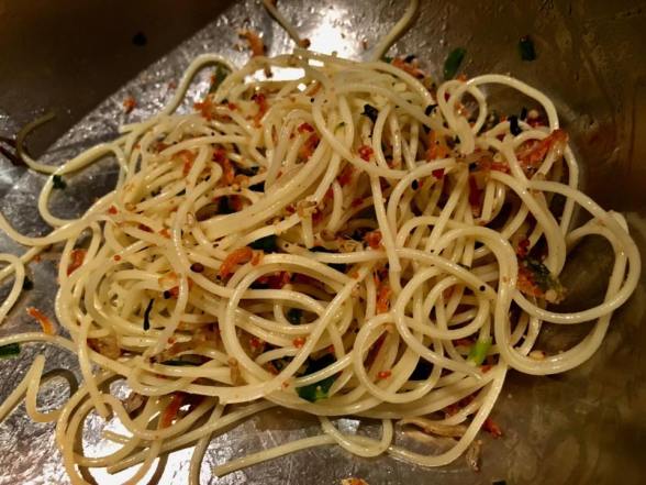 truffle oil mentaiko capellini with jap mixed prawn flakes