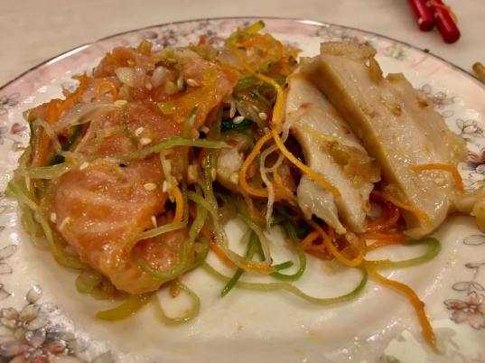 lo hei with abalone & salmon