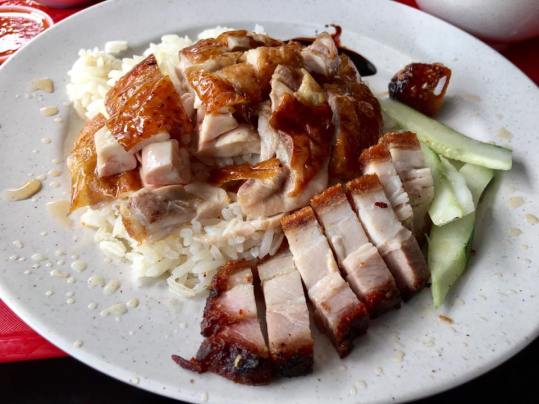 S$4 chicken drum rice + S$1 roast pork