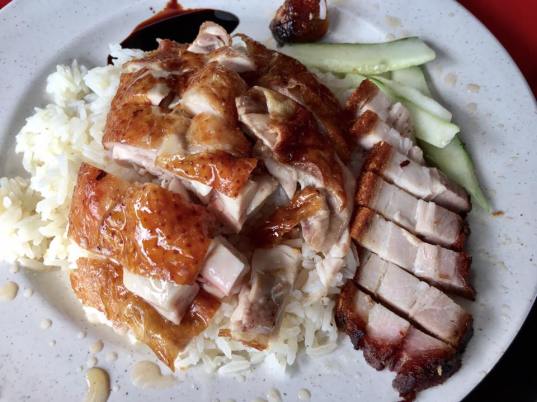 S$4 chicken drum rice + S$1 roast pork