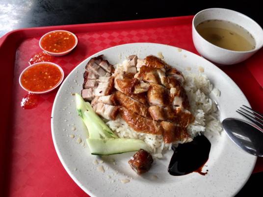 S$4 chicken drum rice + S$1 roast pork