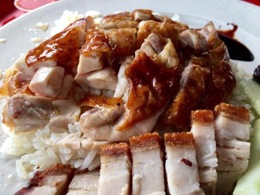 S$4 chicken drum rice + S$1 roast pork