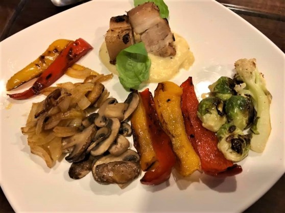 #6 flamed belly pork with red wine sauce on mash, & vegetables 👍2