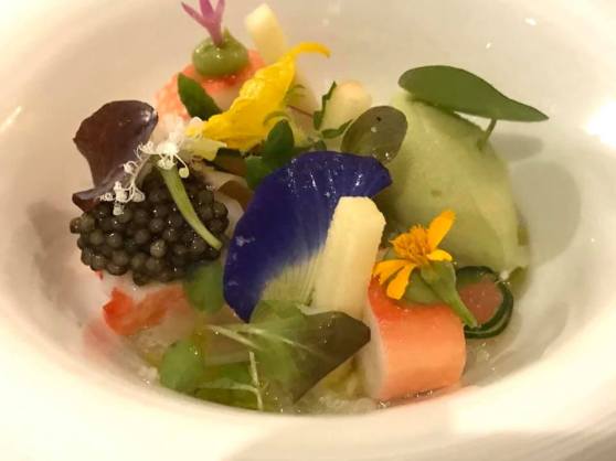 alaskan crab, tomato gelatine, cucumber sorbet