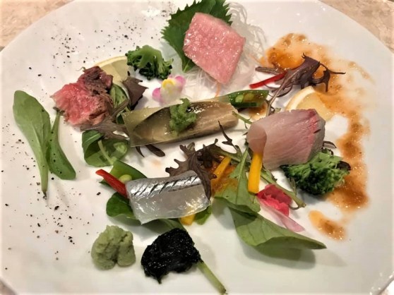 super sashimi - toro, tuna cheek, saba, sayori (flying fish), kampachi