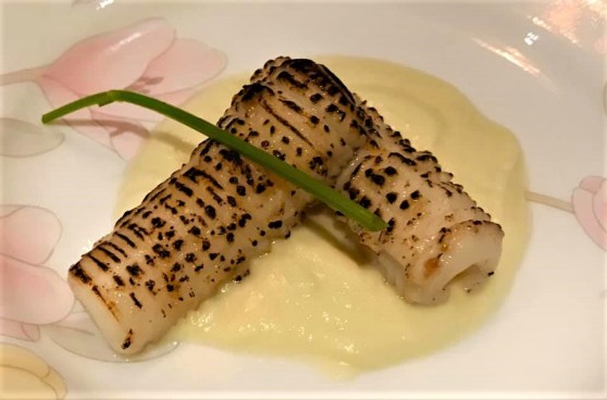 flamed squid on cauliflower puree